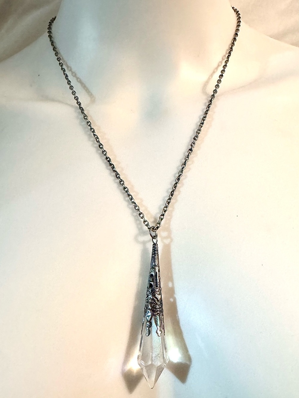 Delicate Crystal Drop Pendant Necklace - Silver Tone